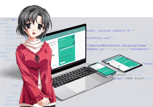 Jeune femme type manga posant à côté d'appareils numériques