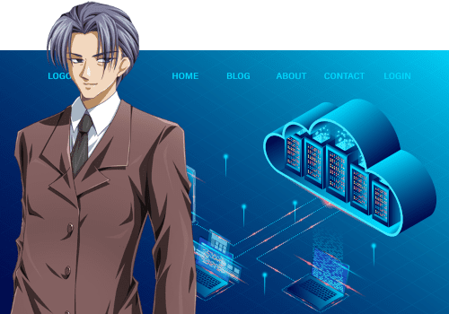 Homme type manga posant à côté de serveurs informatiques