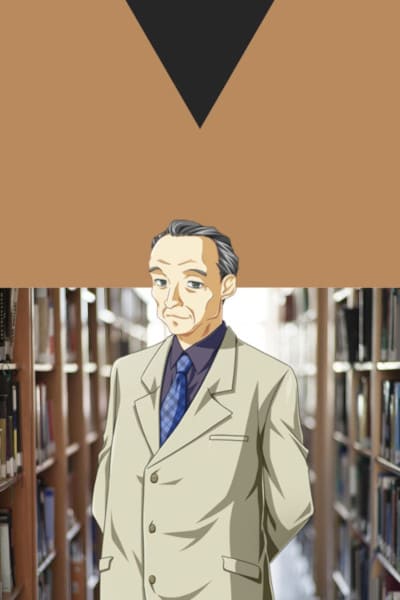 Homme type manga dans un rayon bibliothèque